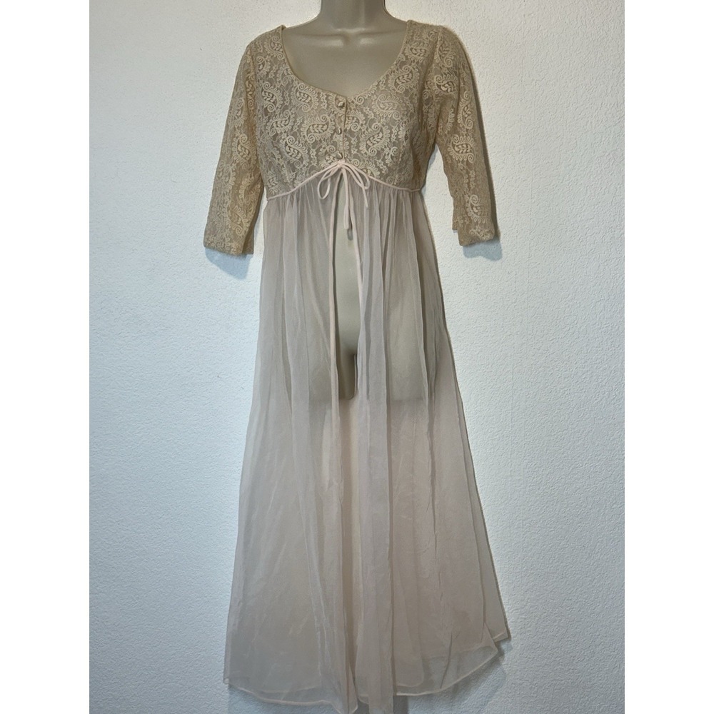 Vtg Lisette By Al Sterling Open Robe Nightgown Beige Lace Top Pink Chiffon 36 - Picture 2 of 8